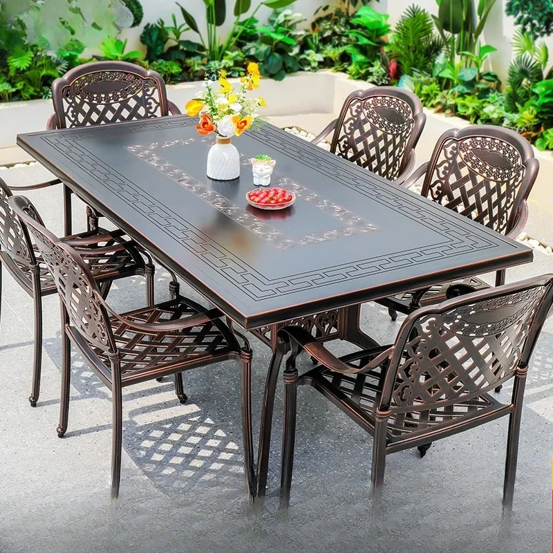 Luxury Cast Aluminum Outdoor Tables and Chairs with Carved Desktop, for Courtyard Garden Villa Balcony Leisure