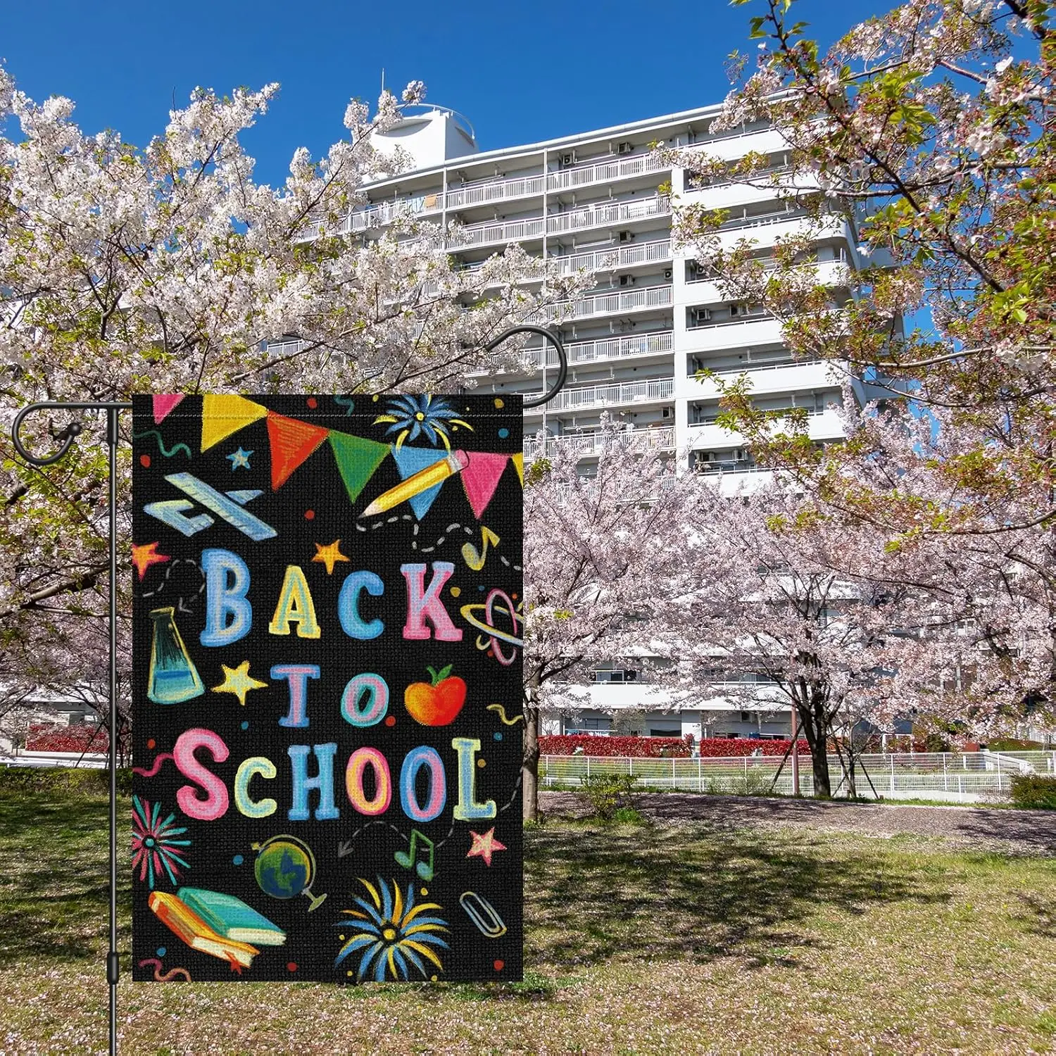 Back to School Garden Flag 12x18 Inch Double Sided Burlap, Fireworks Yard Flag Decorative School Days Pencil Crayon Suppli