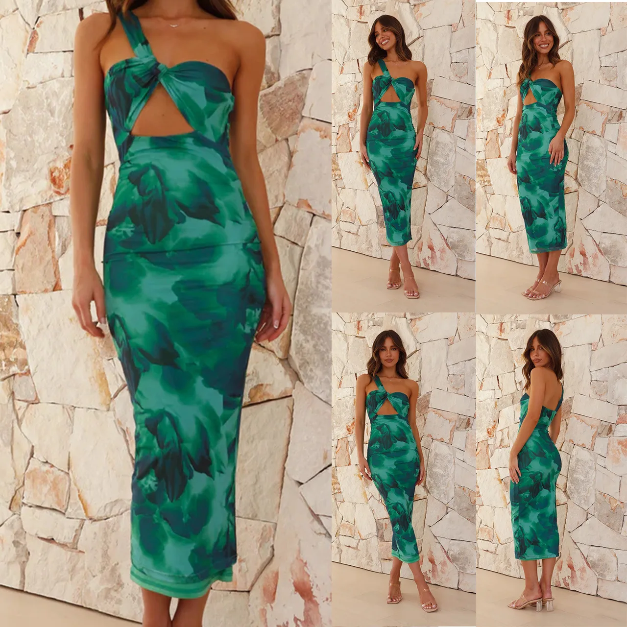 Mode Groene Print Één Schouderjurken Vrouwen Sexy Uitgehold Rugloos Pakket Hippe Bodycon Mouwloze Jurk Streetwear Vestidos