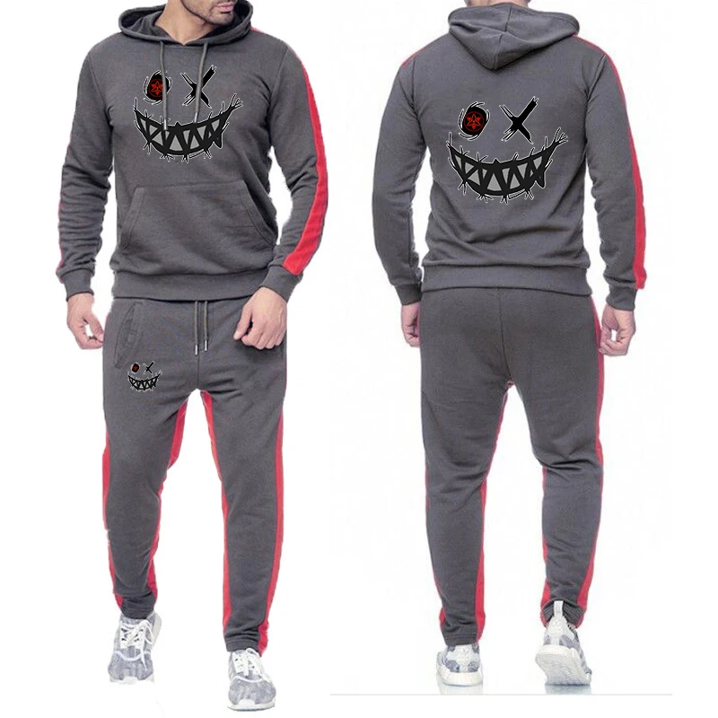 2025 Spring Autumn Men Devil's face HAHAHA Printing New Solid Color Set Fashion Hoodies Long Pants Casual Jogger Tracksuit
