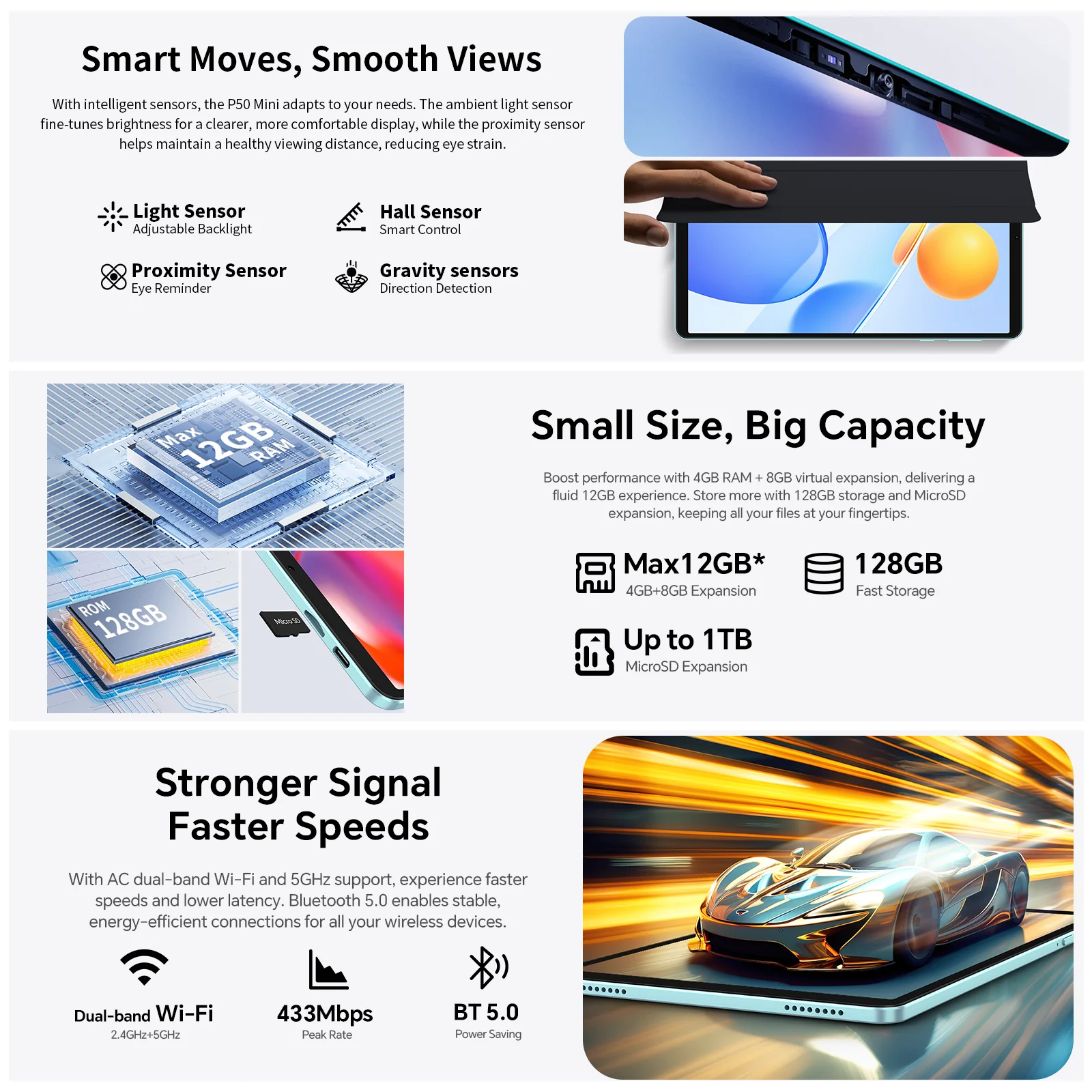 Teclast P50 Mini Tablet Android 15 8.7"IPS 90Hz 12GB(4GB+8GB Espansione)RAM 128GB ROM T606 8 Core 5000mAh GPS Widevine L1 Type-C
