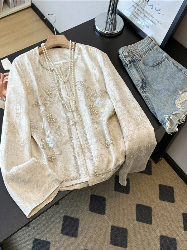 

Новый китайский женский топ Heavy Embellied Sequin ort Jaet Linen Long Sve, роскошная осенняя коллекция Sensation