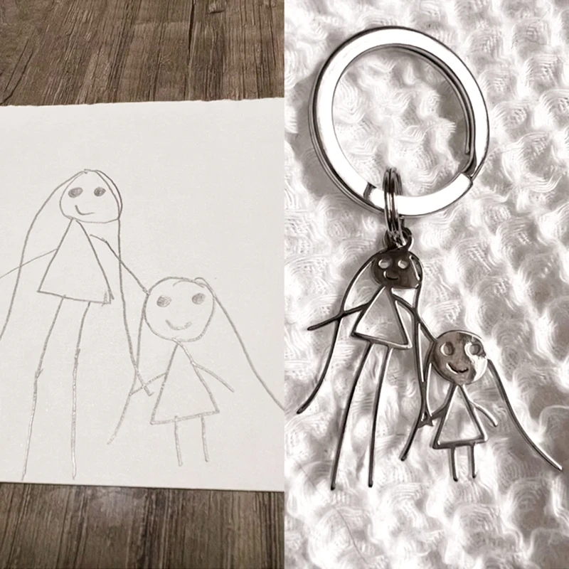 Custom Kids Drawing Keychain Stainless Stee Personalized Children Artwork Pendant Keyring for Kids Mom Family Jewelry Gifts