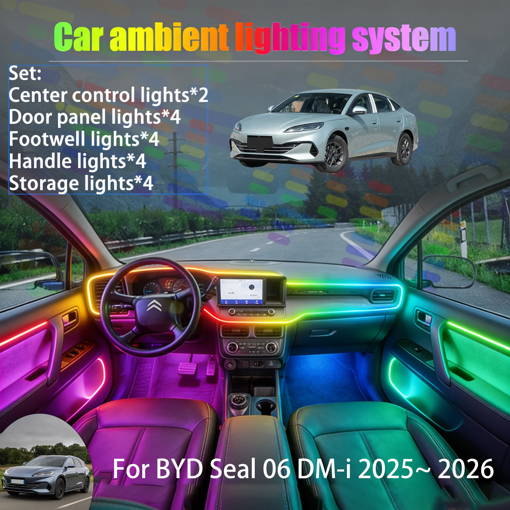 For BYD Seal 06 DM-i 2025~ 2026 2/18 in 1 Car ambient lighting Led trunk interior led lights USB RGB Ensemble Streamer Auto Part