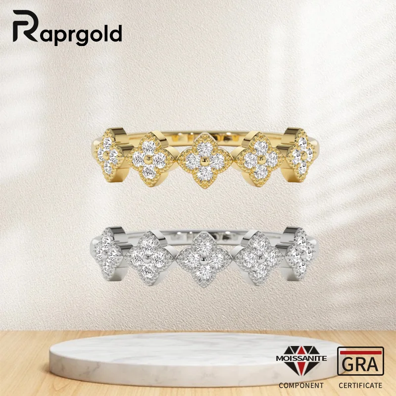 

RAPRGOLD GRA Certified Moissanite Stackable Clover Rings 925 Sterling Silver Half Eternity Wedding Ring for Women Jewelry Gifts