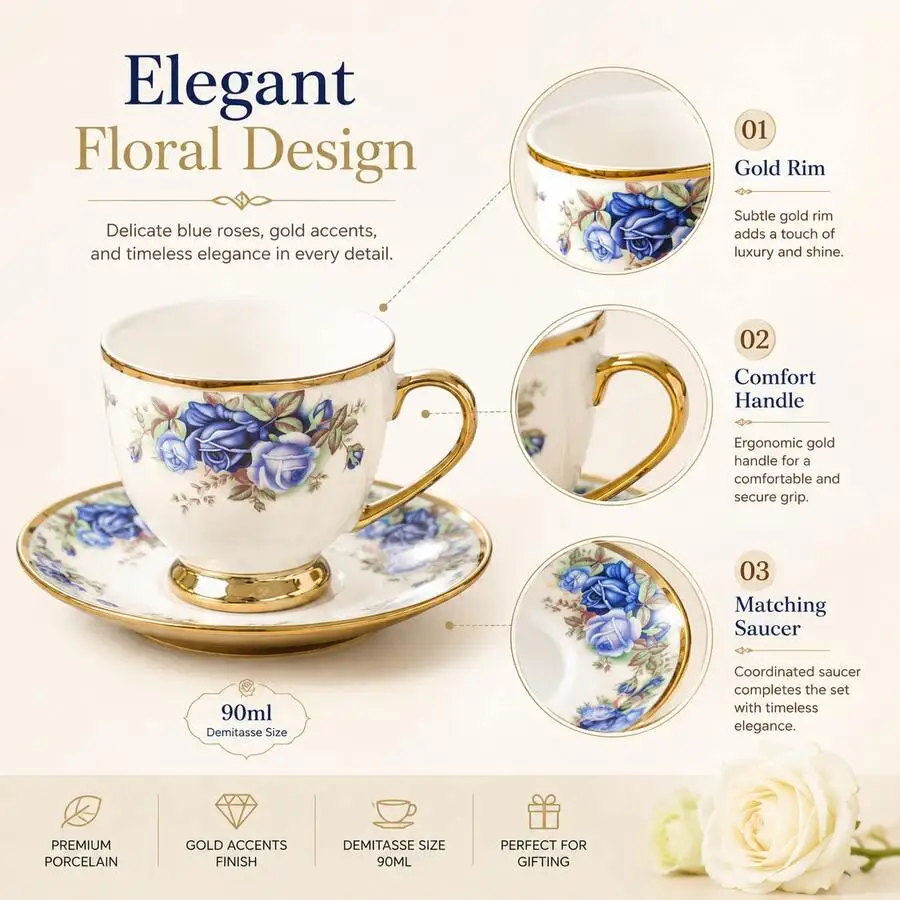 6 Cups & 6 Saucers Coffee Cup Set, 90ml/3oz Floral Espresso Tea Cups With Gold Rim, Elegant Small Coffee Cups And Saucers, After