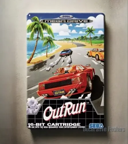 HD Tin Sign OutRun Sega Mega Drive Vintage Metal Poster Retro Game Wall Art Decor for Man Cave Game Room Home Decoration