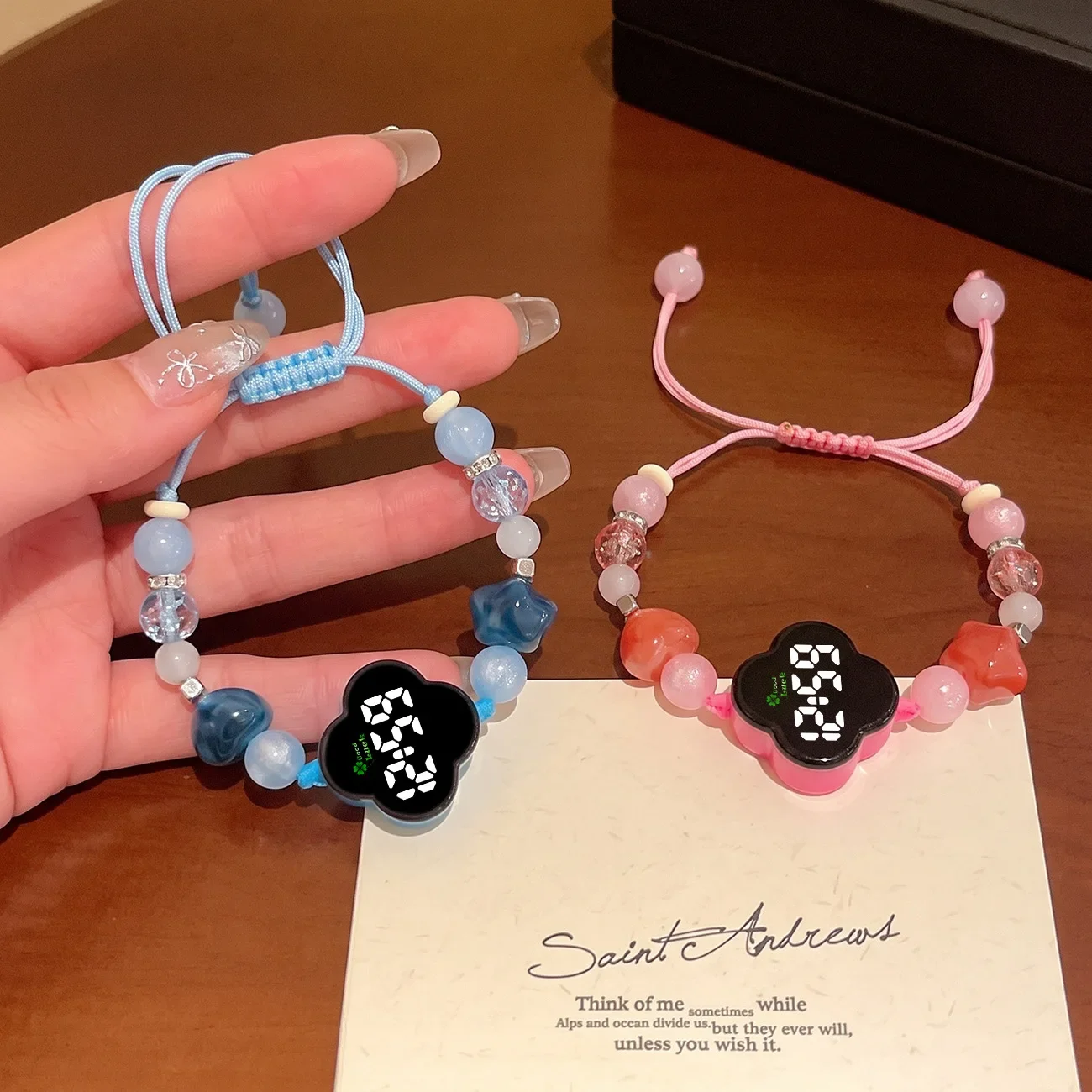 Clover Flower LED Digital Watch Beaded Bracelet Adjustable Watch for Girls Birthday Christmas Gift Kids Wrist Watch ﻿