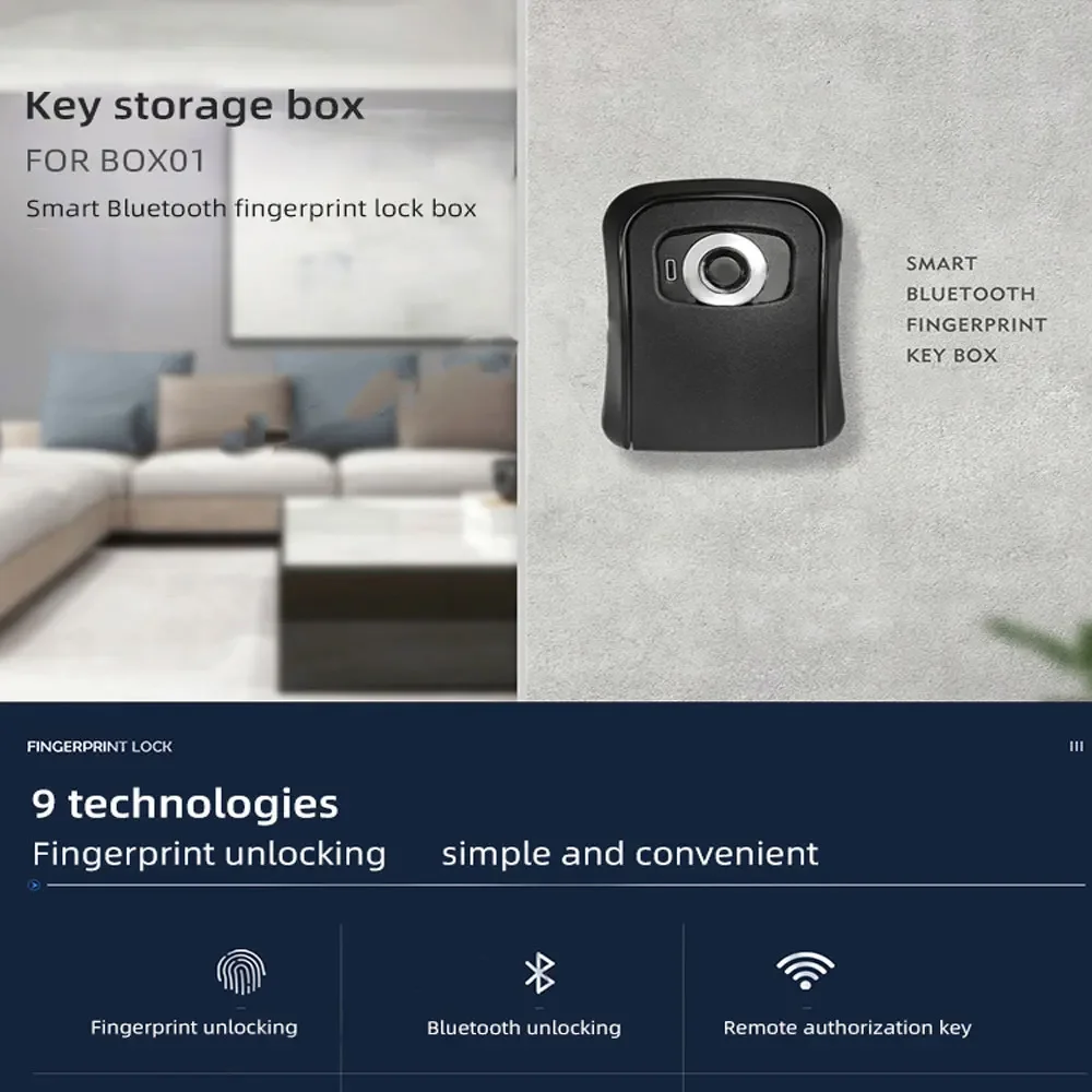สมาร์ทล็อคลายนิ้วมือกล่องกุญแจกล่องกุญแจความปลอดภัยกลางแจ้งติดผนังโทรศัพท์มือถือ APP การเชื่อมต่อระยะไกลกล่องควบคุม