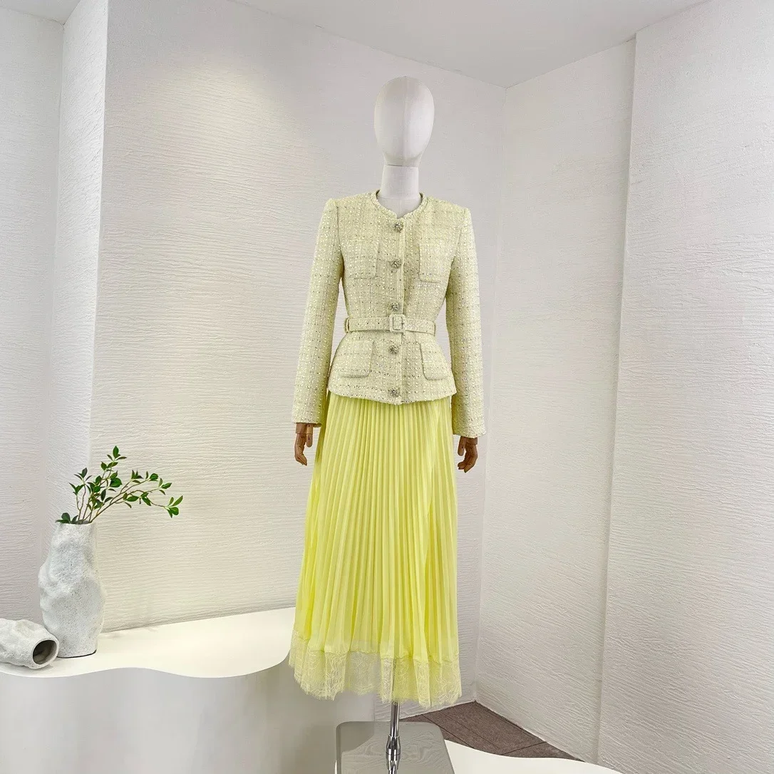 

2024 New High Quality Yellow Women Fashion Clothing Long Sleeve Jacket Pockets Belted and Pleats Skirt Matching Set