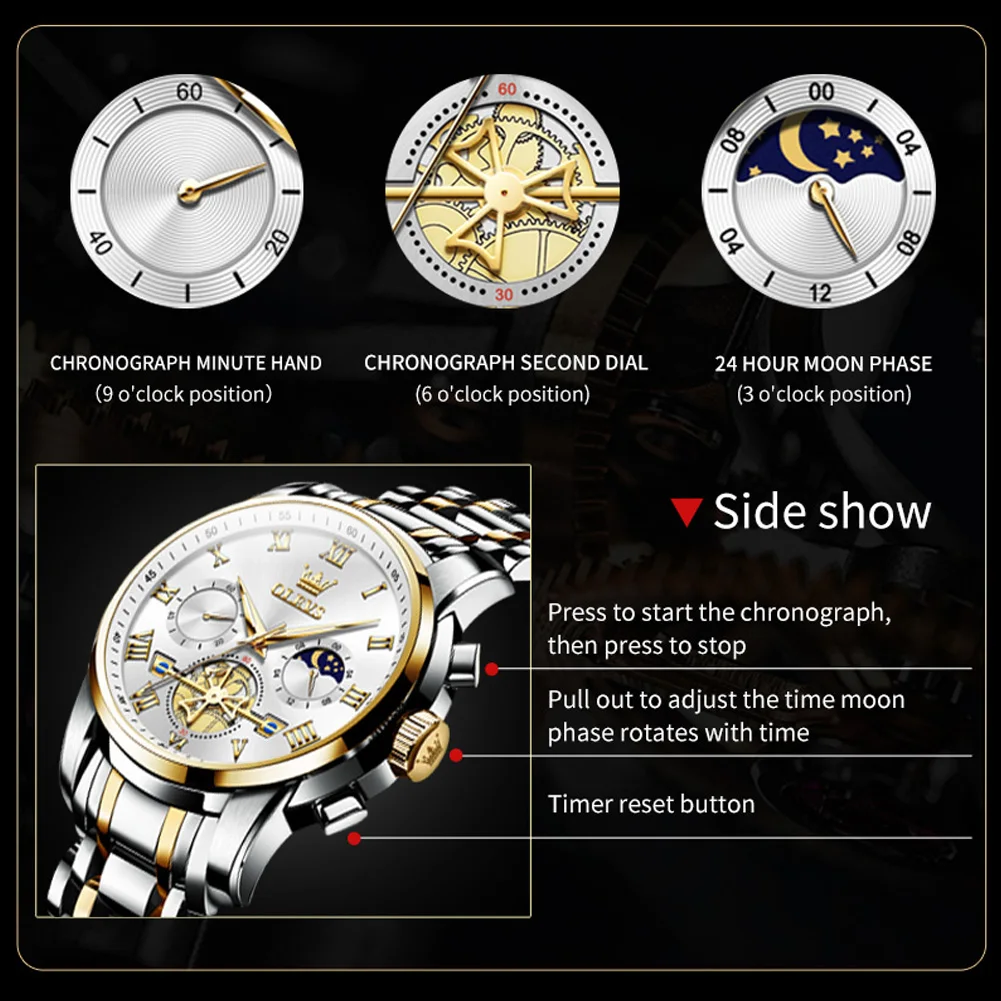 OLEVS Top Brand Couple Watches Stainless Steel Waterpoof Chronograph Moon Phase Flywheel Design Lover's Wristwatch for Men Women