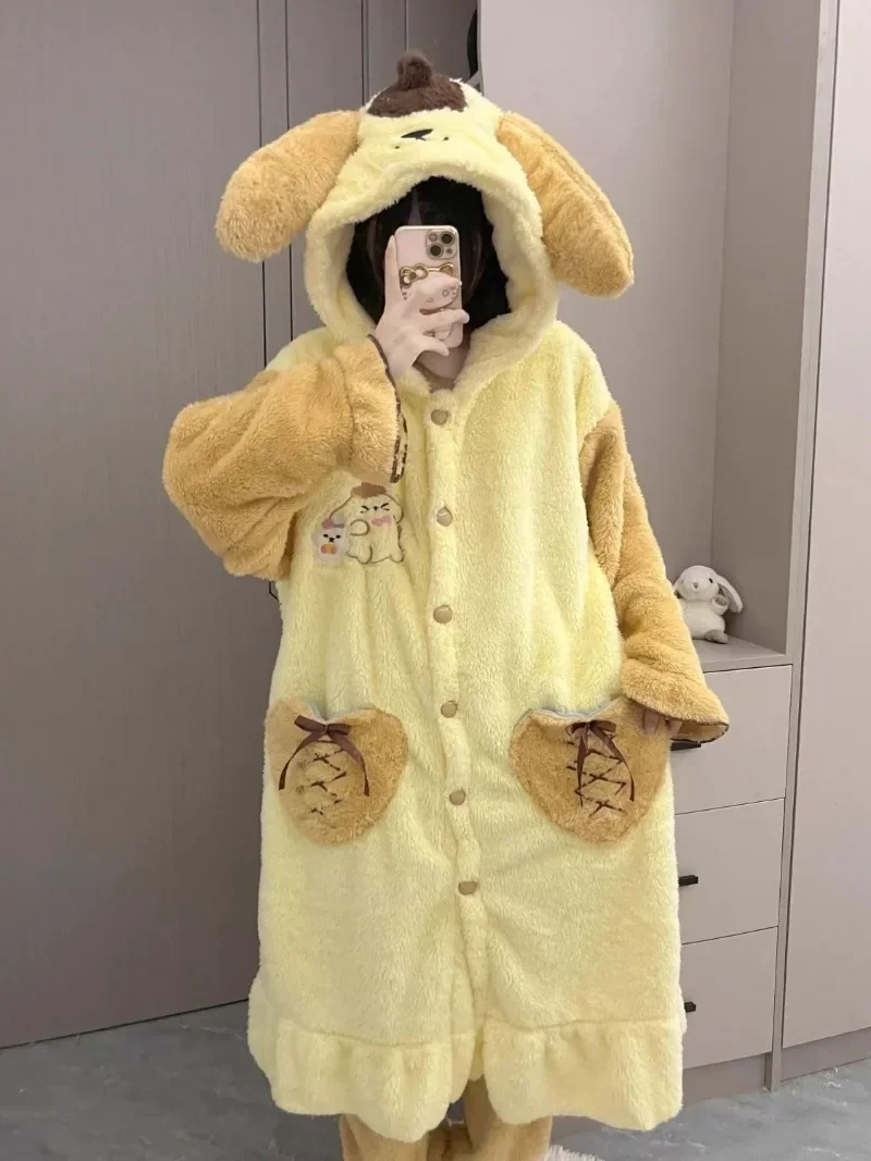 Sweet PomPomPurin Anime Sanrio Ins Kawaii Fashion Velvet Thick Pajamas Cute Cartoon Soft Wearing Nightgown Home Cloth Gifts