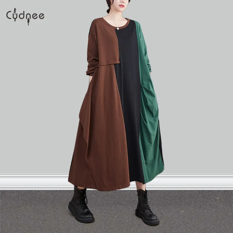 Loose Casual Vintage Long Sleeve Patchwork Contracst Irregular Large Size Midi Ladies Oversize Dresses For Women Spring Autumn