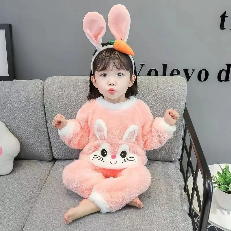 Children\'s Home Suit Set Girls\' Autumn/Winter Korean Edition Thickened Baby Coral Fleece Two Piece Sleepwear Set