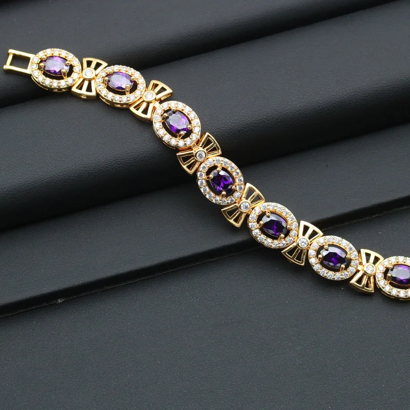 Luxurious Purple Zirconia Gold Color Bridal Jewelry Sets For Women Wedding Earrings Pendant Ring Bracelet Chain  Gift