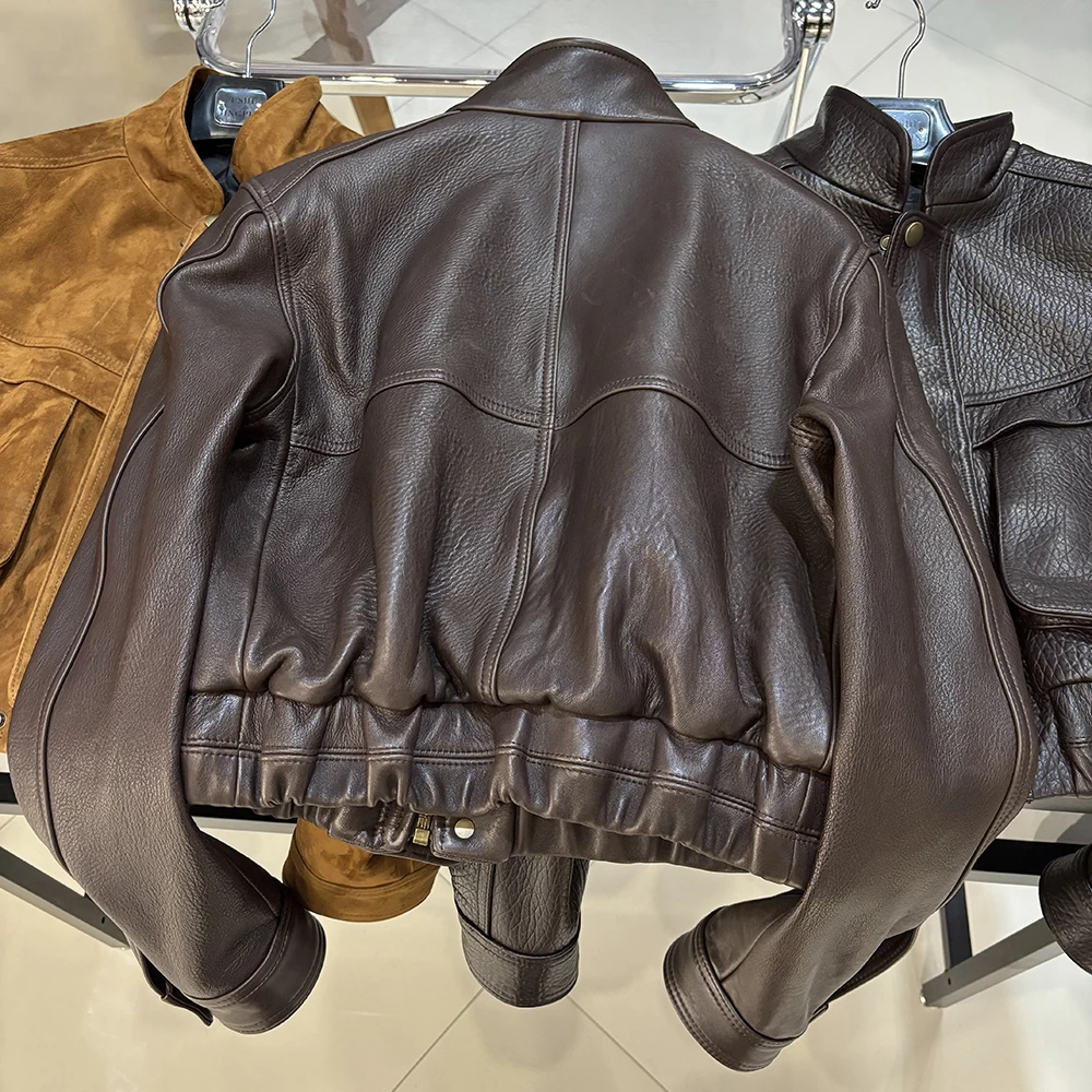 YOLOAgain 2026 Spring Short Suede Bomber Jacket Women Genuine Sheepskin Leather Jacket Ladies