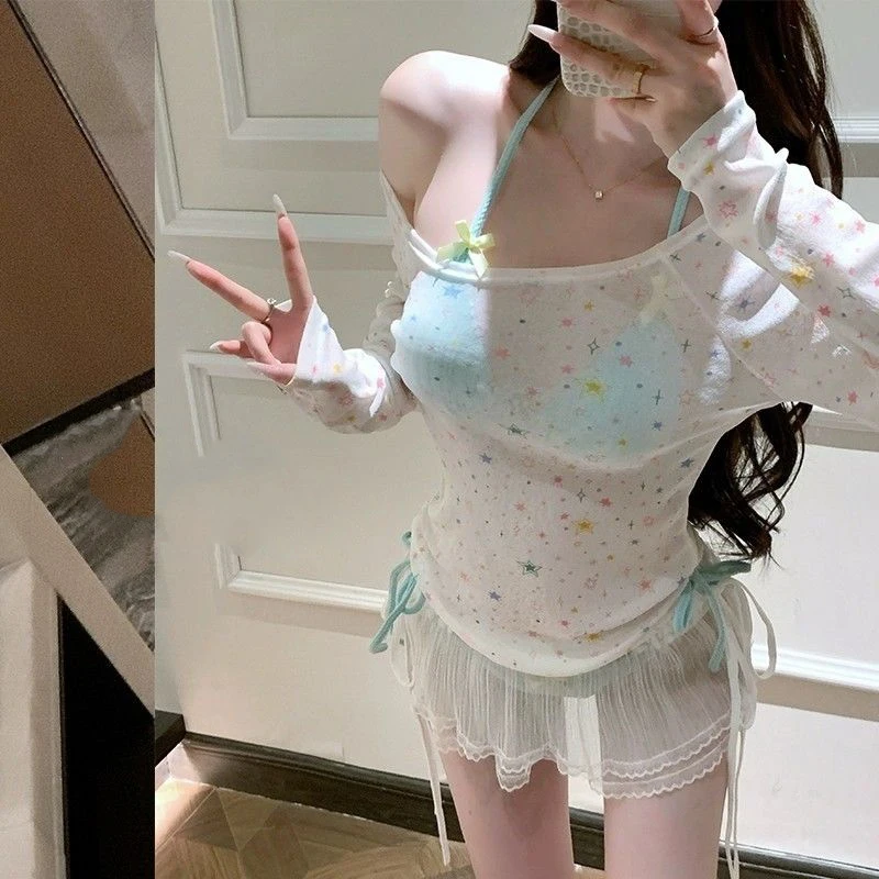 

Y2K Harajuku Sweet Hot Girl Bikini Swimsuit Small Fresh Hot Spring Vacation Sexy Strap Swimsuit Set Emo