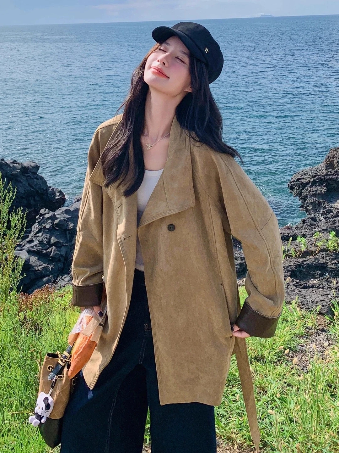 

Женская ветровка из винтажной кожи в стиле пэчворк, свободного кроя, в университетском стиле, длинная, на одной пуговице