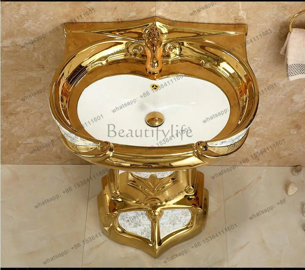 Luxury Gold Modern Stylish Villa Washbasin House Renovation Ceramic Bathroom Sink With Stand Home Decor Pedestal Sink