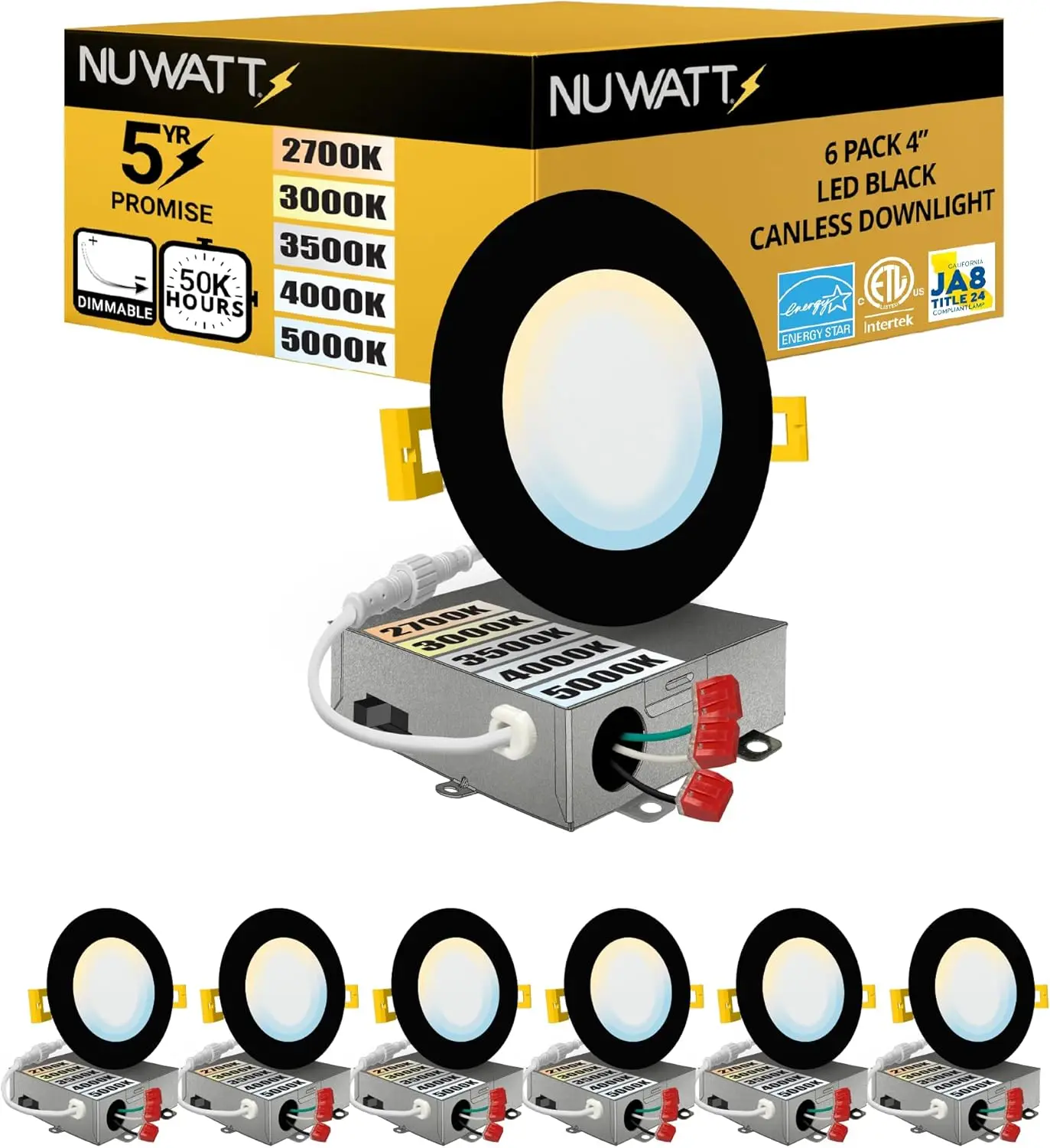 6팩 4인치 초박형 LED 캔리스 조명, 5CCT 조절 가능, 630LM, 9W, 밝기 조절 가능, IC 및 습기 등급, 블랙(금속 J-박스 포함)