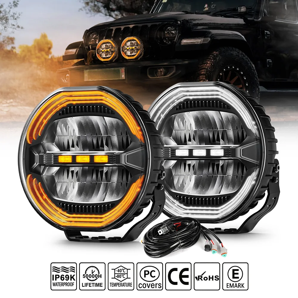 120W Car Brightest Amber Round Overland Offroad Truck  9inch Spot LED Driving Light for Offroad Vehicle Pickup