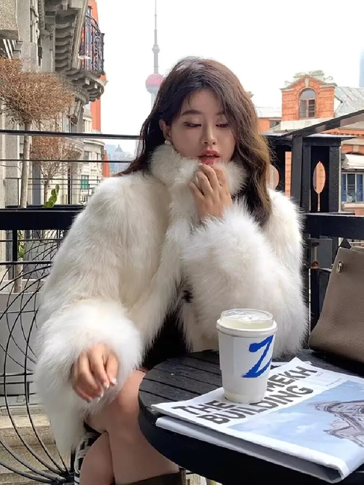 Winter 2024 Women's Fur Coat Young Slim Fox Fur Jacket Long Sleeve Stand Collar Street Sle Fashion Outerwear Coat for Ladies