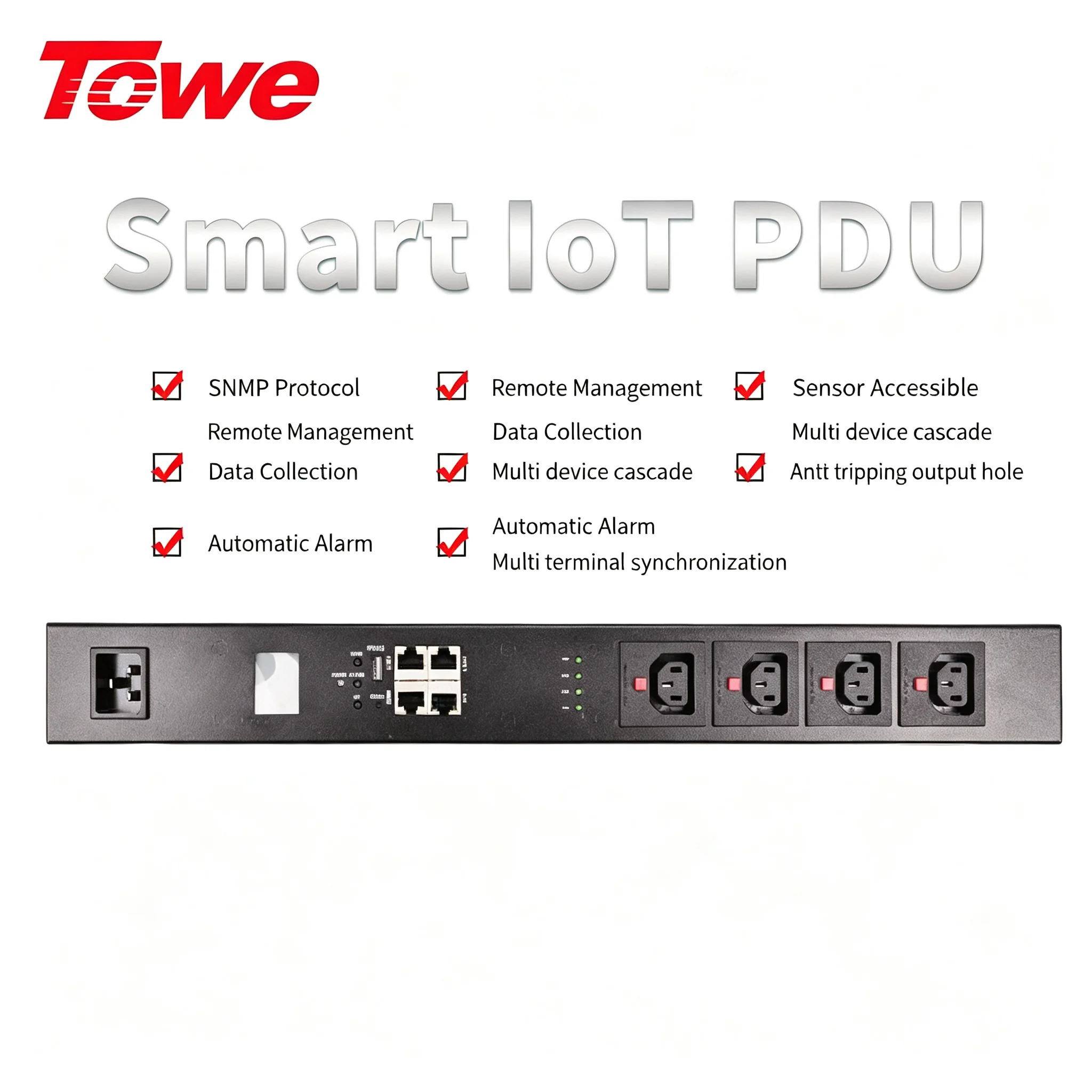 TOWE Smart SNMP PDU 4 IEC C13 Outlet Rack Mount Power Distribution Unit Remote Monitoring Switched Metered PDU C20 Input