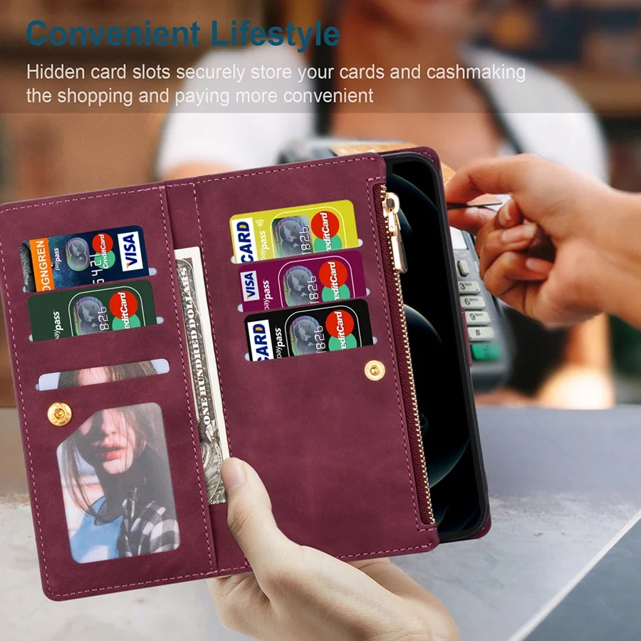 Wallet Line Splicing Card Slot Zipper Flip Leather Case For Samsung Galaxy S25 Ultra S24 FE S23 Plus S22 S21 S20 Note 20 10 Lite