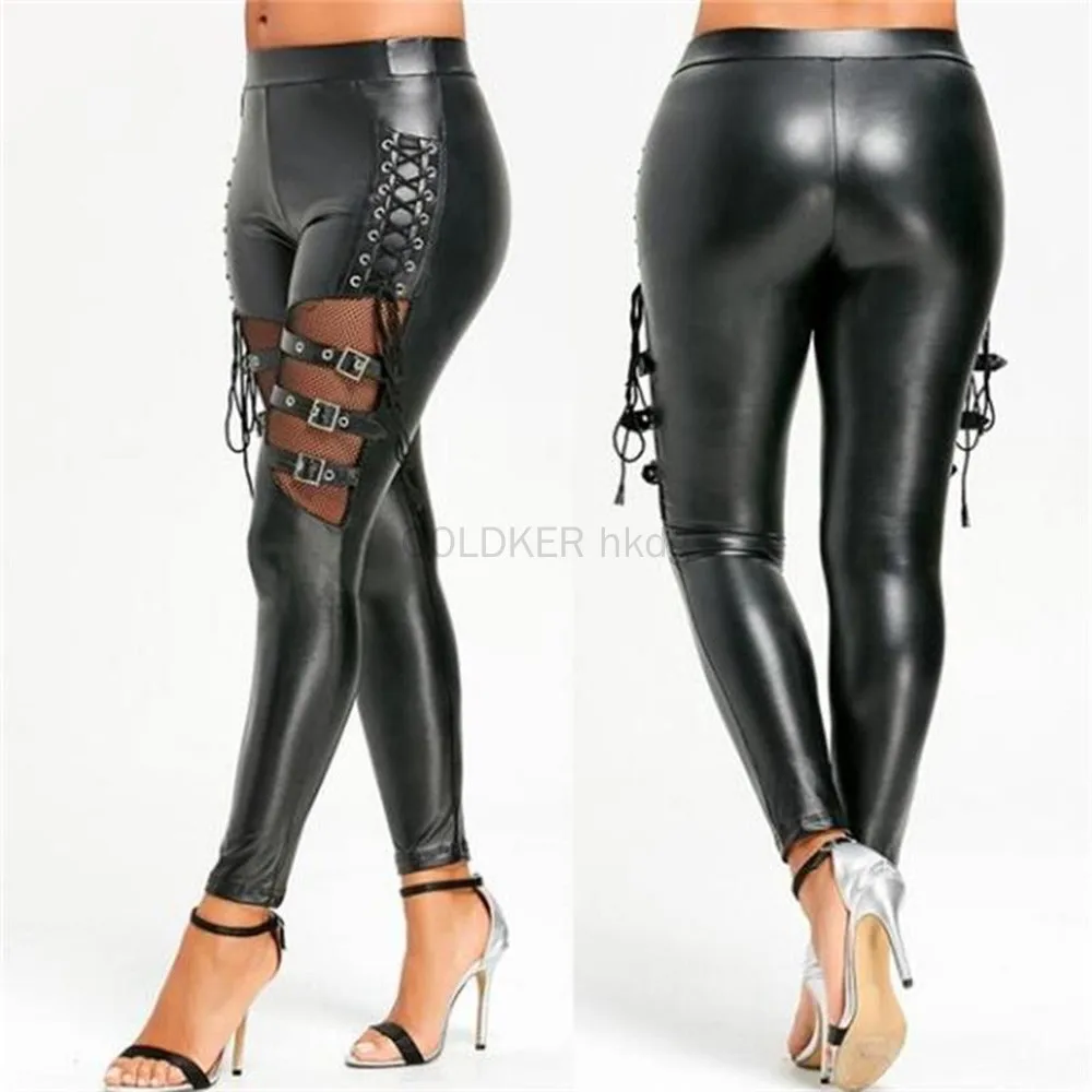 COLDKER Women Pencil Pants Mid Waisted Gothic Punk Lace Up Thin Leggings Fishnet Faux Leather Pants Tights