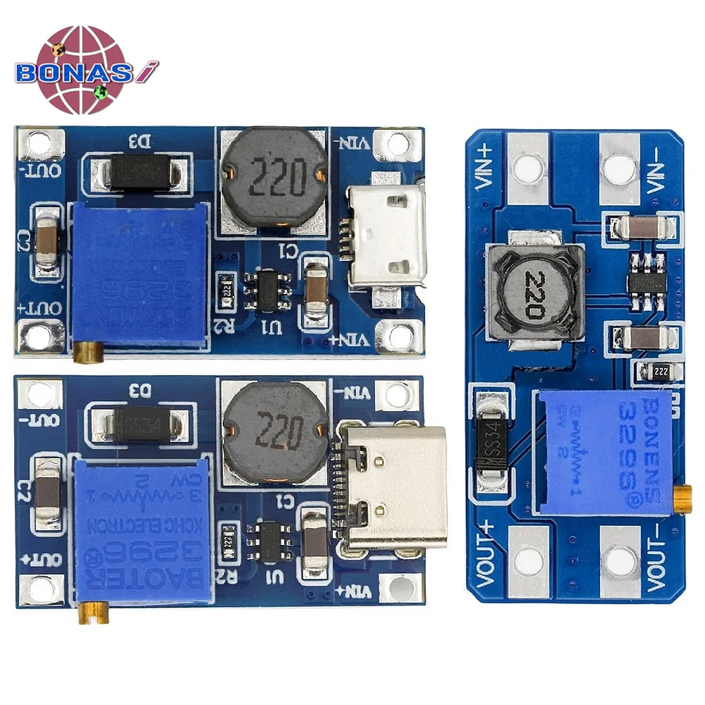 3PCS MT3608 DC-DC Adjustable Boost Module 2A Boost Plate Step Up Module with/without MICRO USB / Type-c 2V-24V to 5V 9V 12V 28V