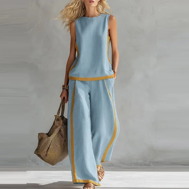 

Fashion High Street Pocket Holiday Suit Striped Print Loose Two Piece Set Women's O-neck Sleeveless Top and Pants Casual Outfit