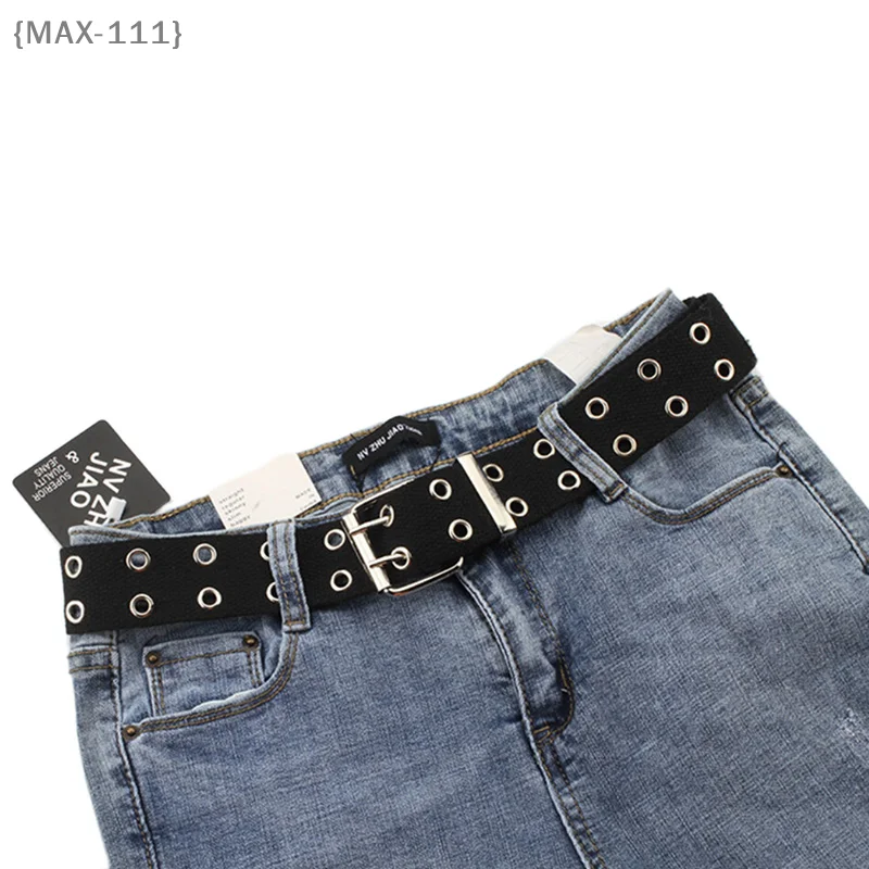 【MAX-111】【xxx】Damski pasek z nylonu i płótna z ćwiekami, oczkami i dwurzędową klamrą, 105 cm【W1】