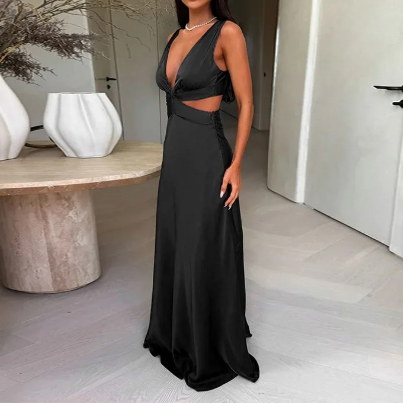 Abito sexy scollato per le donne Abiti lunghi vintage in raso con scollo a V senza maniche a vita alta 2025 Nuovo abito da sera per feste