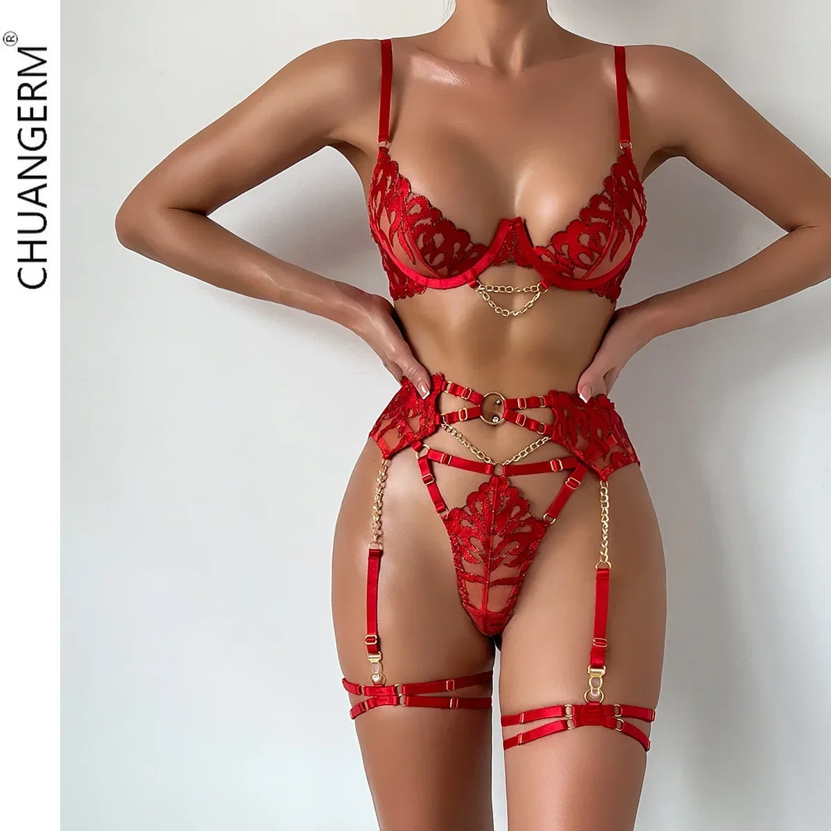 CHAUNGERM Red Hot Sexy Lingerie Push Up Fantasy Underwear Brazilian Intimate Sets Transparent Lace Luxury Obsessive Fine Outfits