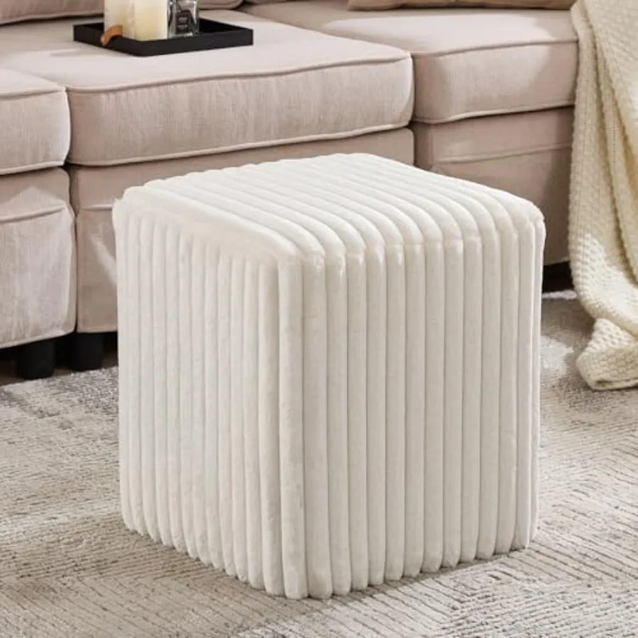 

Modern Square Ottoman with Vertical Channel Tufting Soft Velvet Upholstery White Foot Stool for Vanity Bedroom Living Room Use