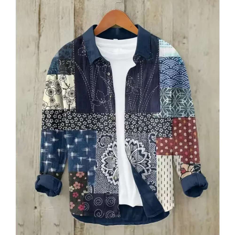 

Men's long sleeved shirt new printed linen shirt European and American popular element printed shirt comfortable pattern ethnic