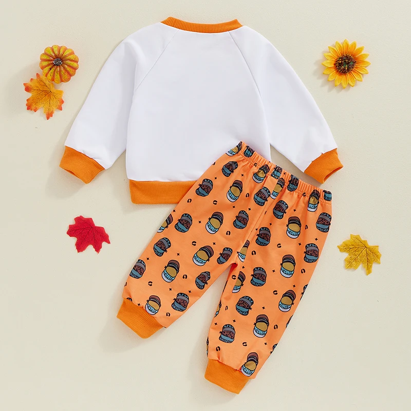 0M-3Y Baby Pants Set, Letters Print Long Sleeve Crew Neck Sweatshirt with Pumpkin Sweatpants Halloween Clothes for Girls Boys