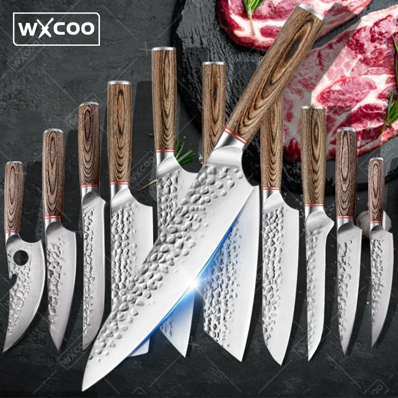 WXCOO Hand Forged Slaughter Knife Chef Boning Butcher Fish Fruit Chopping Kitchen Knives Cutting Meat Cleaver Kitchen Knife Set