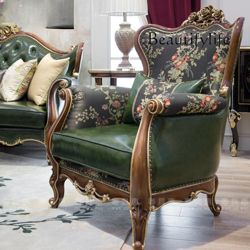 

European leather sofa combination neoclassical solid wood carving flower leather art large apartment living room furniture