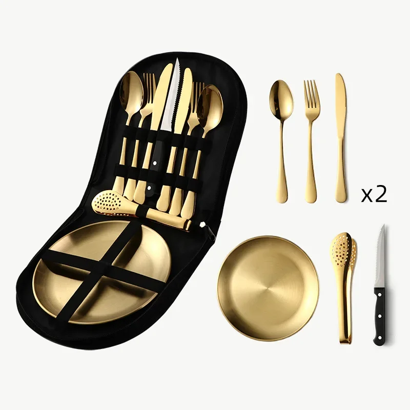 

10Pcs Camping Tableware Set 304 Stainless Steel Picnic Cutlery Set With Tableware Storage Bag Portable Picnic Set