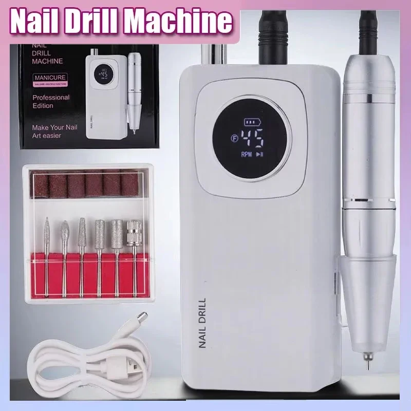 

Перезаряжаемая высокоскоростная дрель для ногтей 45000 об/мин с ЖК-дисплеем, малошумная профессиональная шлифовальная машина для лака для ногтей, комплект аксессуаров для дизайна ногтей