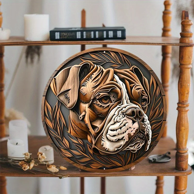 Aluminum Circular Metal Sign Plaque, Woodcut Printed, Bulldog Portrait, Dog's Head, Wall Decoration, Home Decor, 8x8Inch, 1Pc