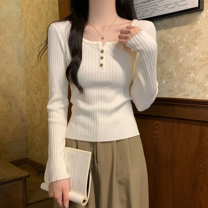 Maglione da donna lavorato a maglia autunno inverno tinta unita basic slim button-up o-collo pullover donna coreano corto morbido caldo maglione lavorato a maglia