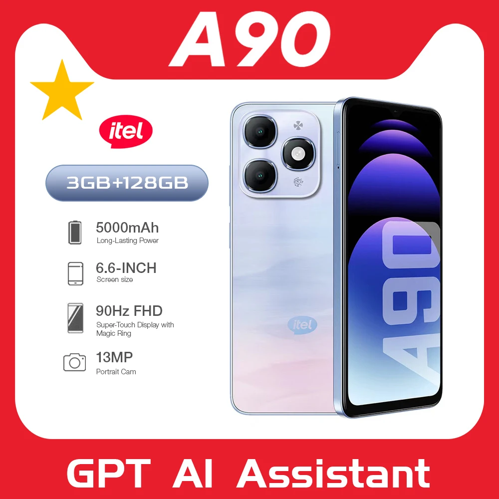 هاتف itel A90 ثنائي الشريحة، 6.6 بوصة 90 هرتز، 3 جيجابايت رام 128 جيجابايت، بطارية أندرويد 14، كاميرا 5000 مللي أمبير، كاميرا 13 ميجابكسل، ماسح بصمات الأصابع