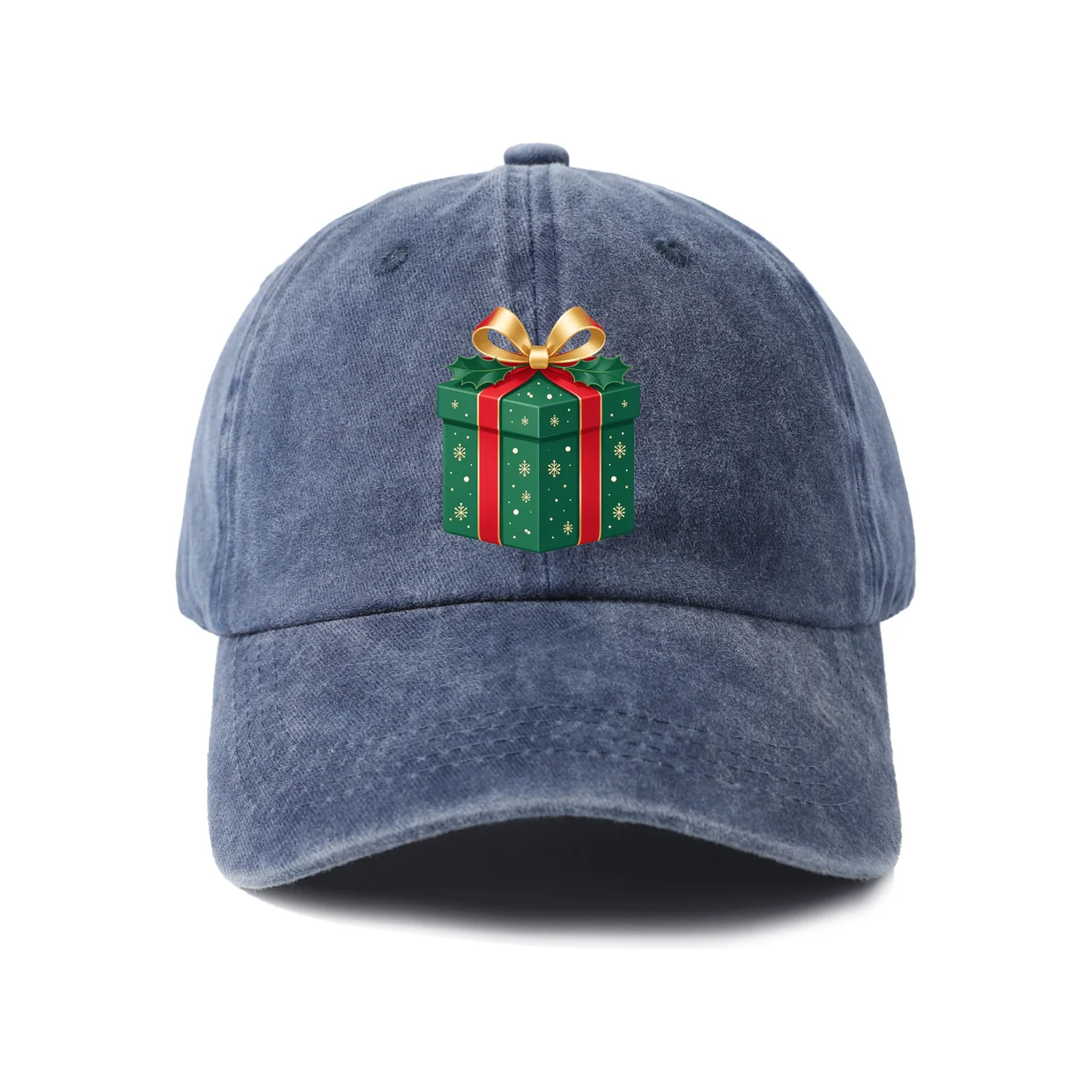 Green Christmas Gift Box Graphic Vintage Washed Baseball Cap, Adjustable Unisex Dad Hat, Casual Gift