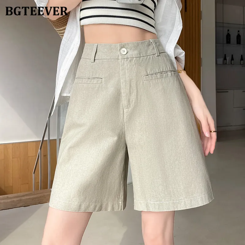 BGTEEVER Casual Cotton and Linen Shorts for Women Summer High Waist Ladies Wide Leg Shorts