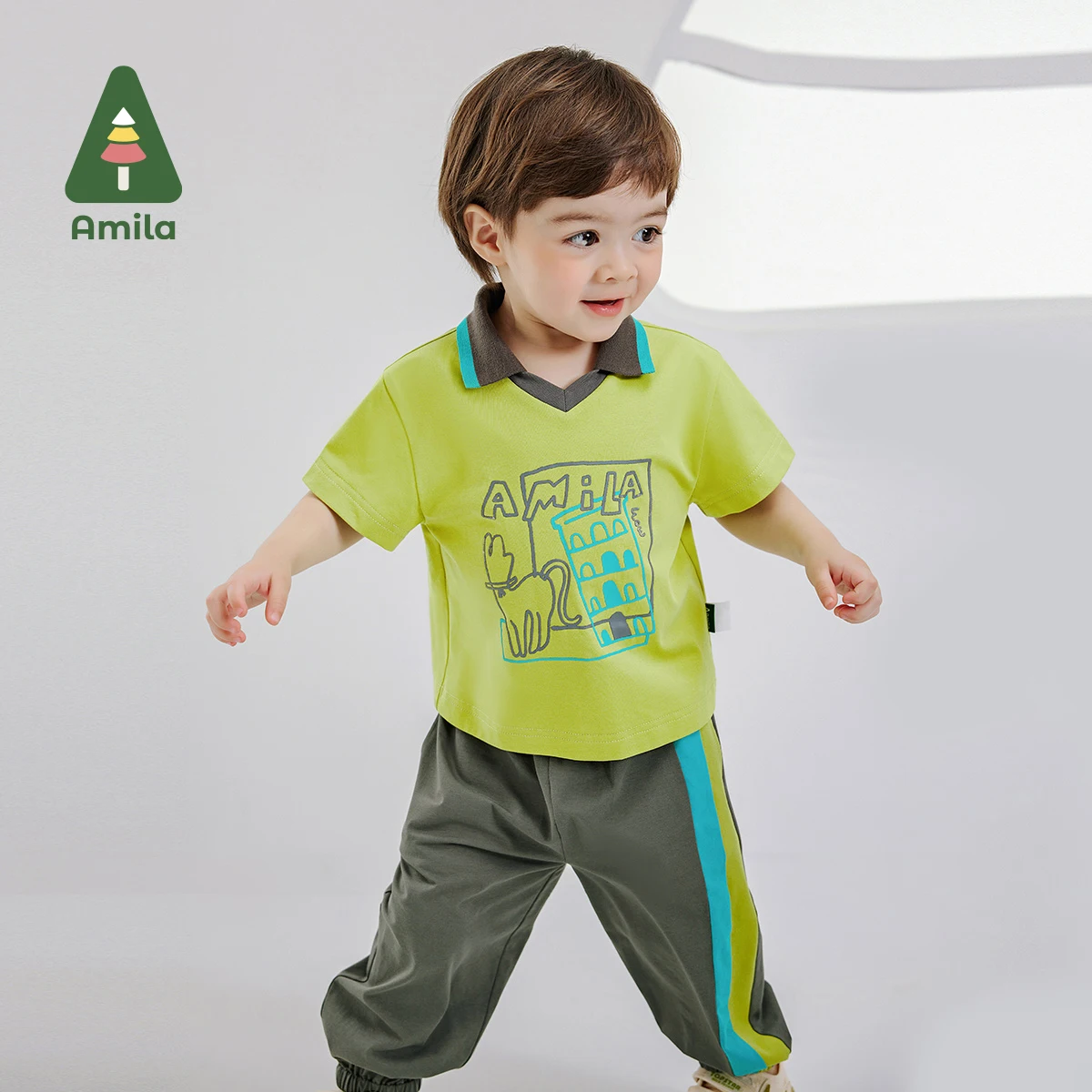 Amila 2024 Summer New Clothes for Baby Boys and Girls in Contrasting Color Lapel Cartoon Top and Bottom T-shirt + Pants Group