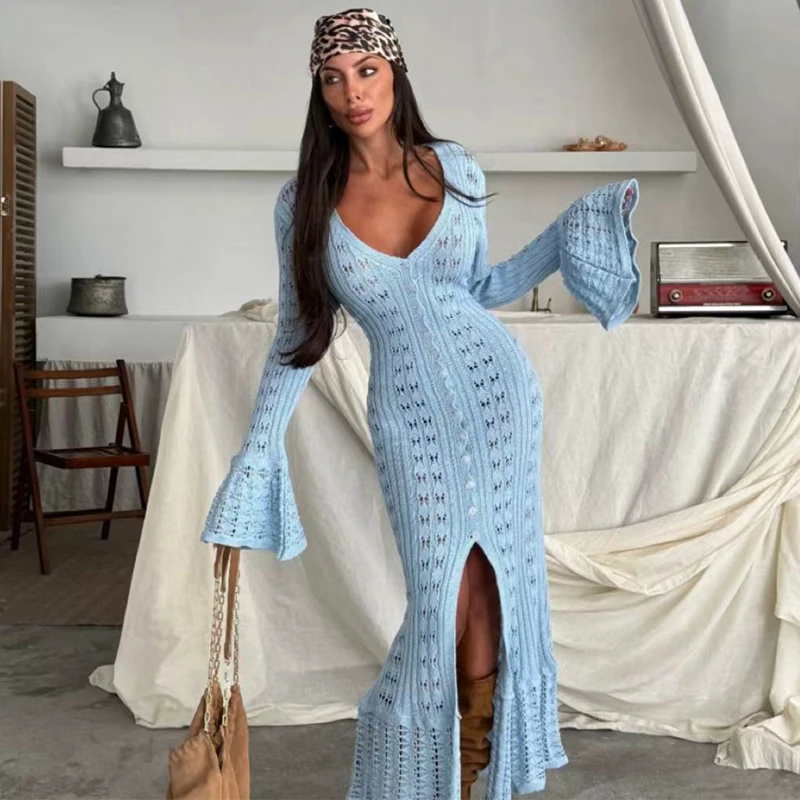 سترة محبوكة بتصميم مجوف للفتيات الحارة بلون سادة وأكمام طويلة ورقبة على شكل حرف v وأكمام جرس فرنسية طويلة #6