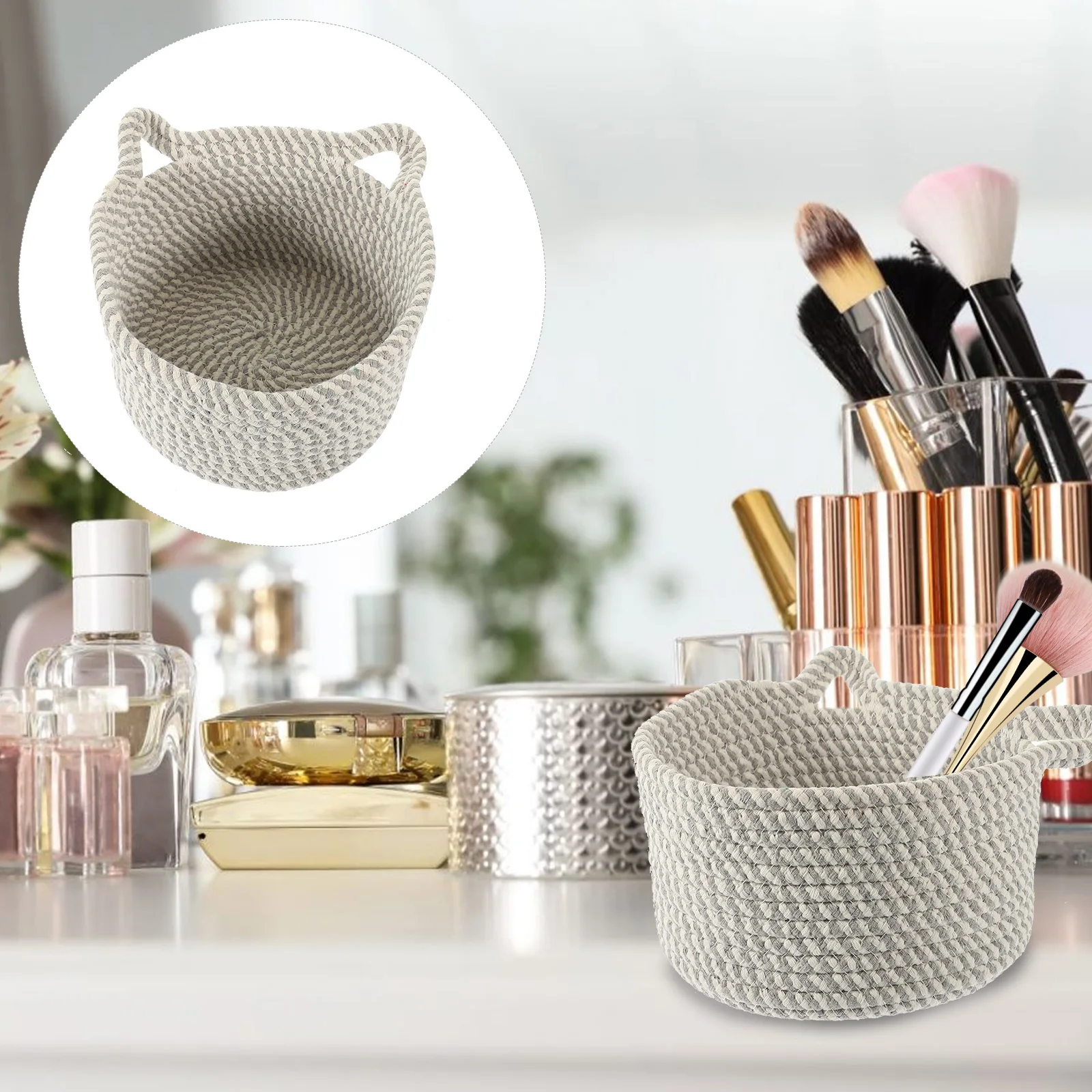 

Cat Ear Storage Baskets Cotton Rope Woven Organizer Desktop Fabric Bin for Snacks Cosmetics Stationery Home Decor