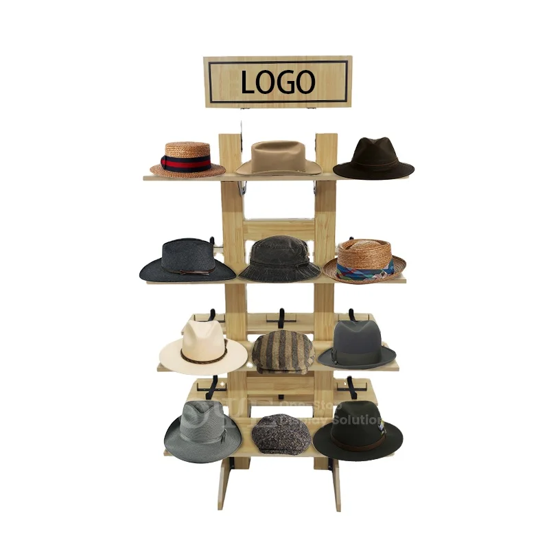 custom.Retail store floor standing wooden shelves baseball hat display rack